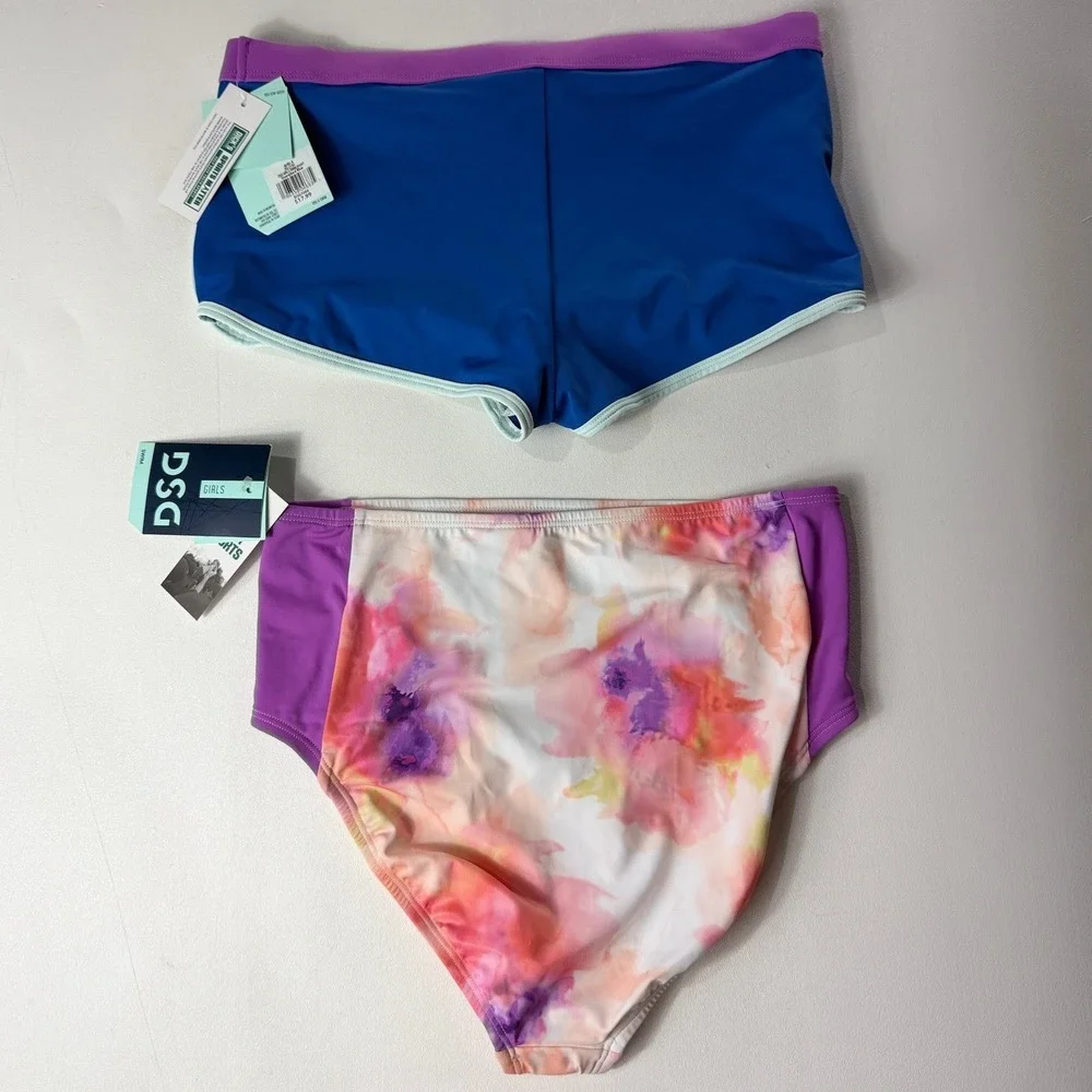 Lot of 2 DSG Girls XL 16 Swim Bottoms Blue Shorts Floral High Waist DSG7066 NWT